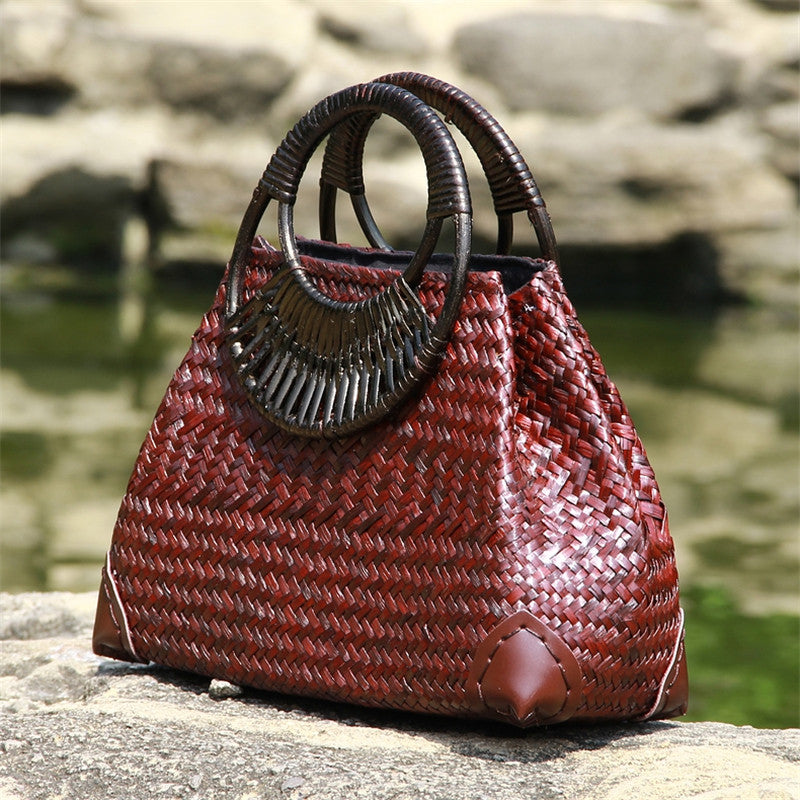 Handwoven Rattan Straw Bag - Natural Woven Handbag with Wooden Handle