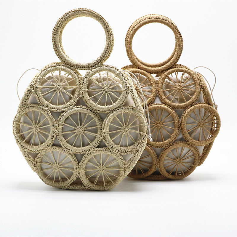 Round Woven Basket Bag - Handwoven Handbag
