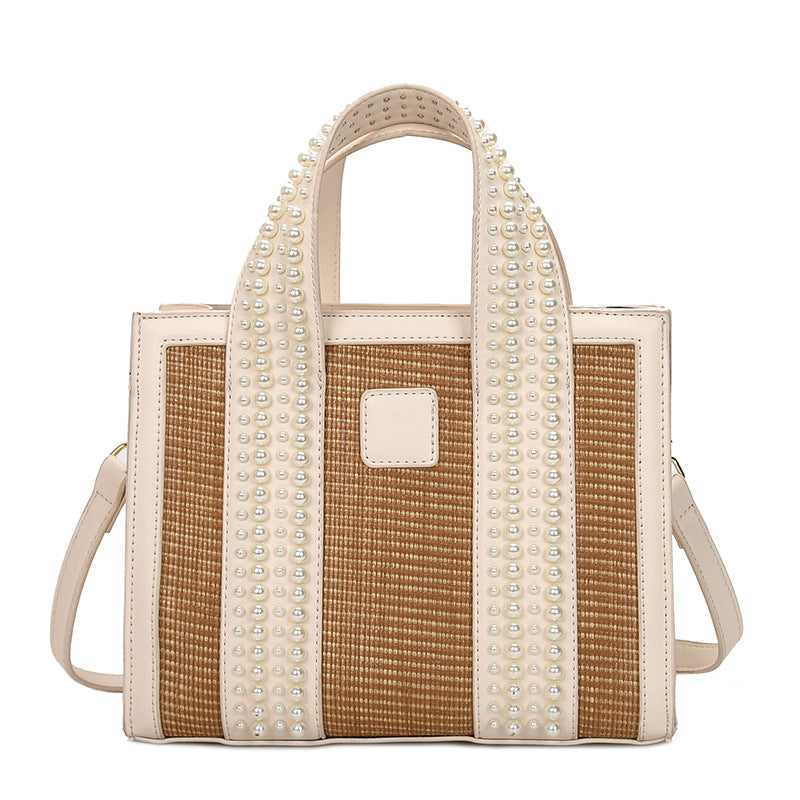 Woven Pearl Small Square Bag - PU Leather Crossbody Handbag for Women