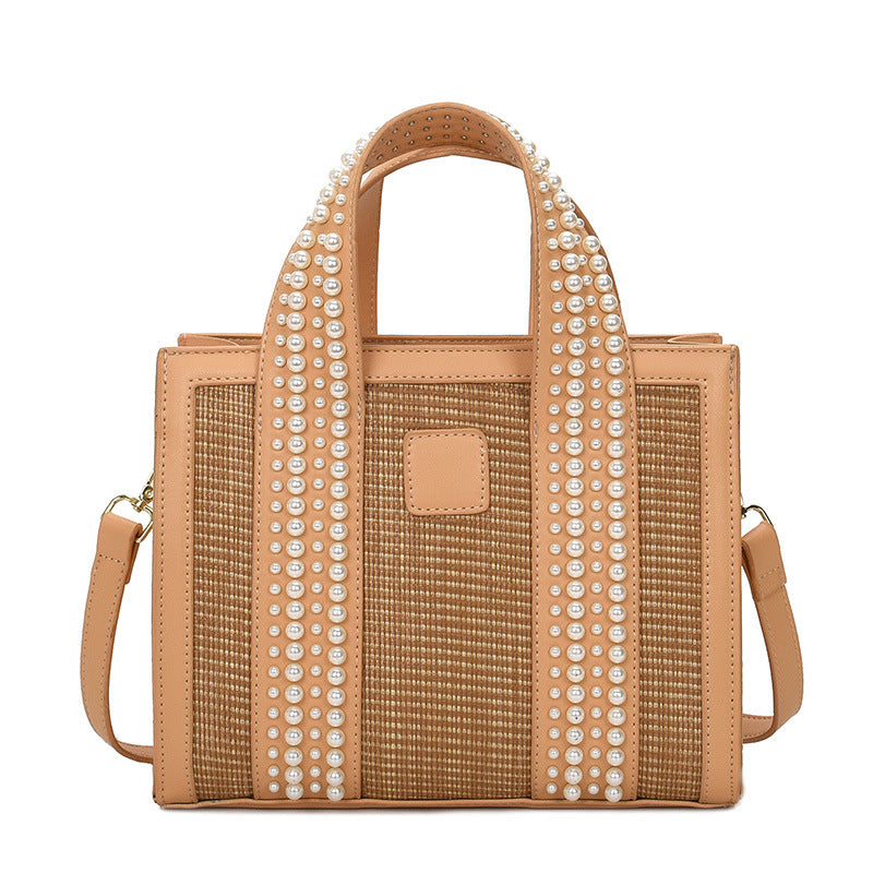 Woven Pearl Small Square Bag - PU Leather Crossbody Handbag for Women