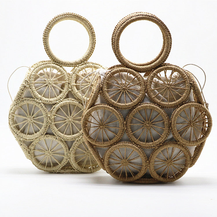 Round Woven Basket Bag - Handwoven Handbag