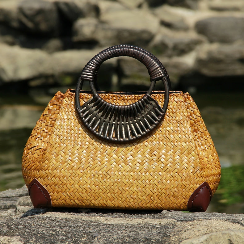 Handwoven Rattan Straw Bag - Natural Woven Handbag with Wooden Handle