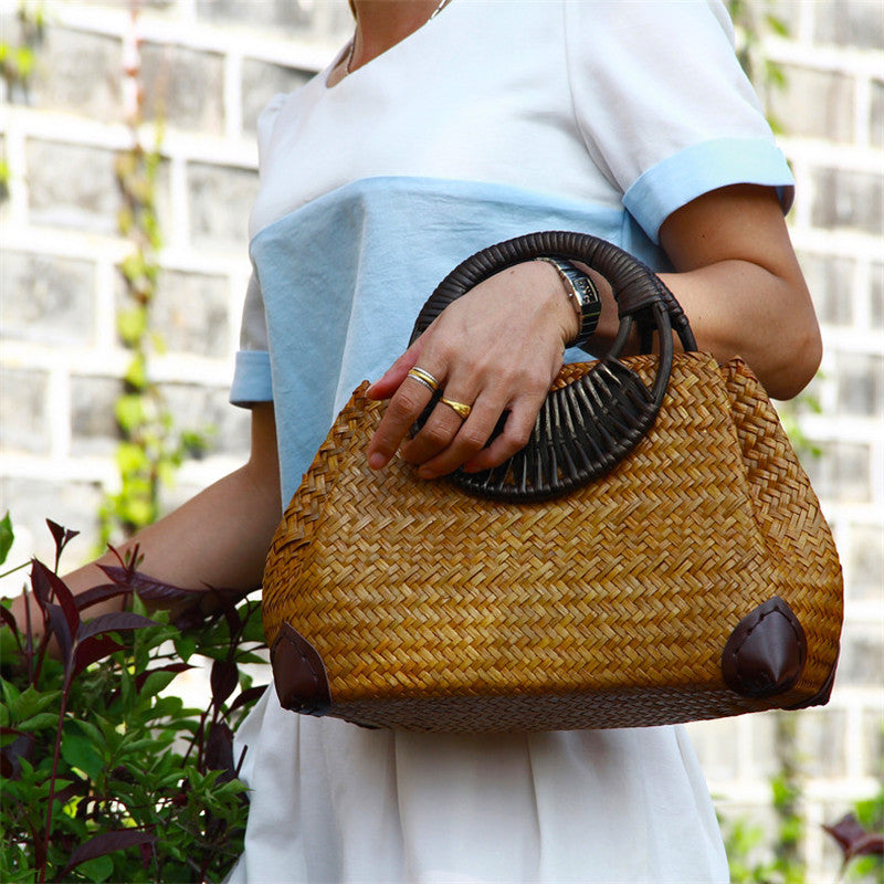 Handwoven Rattan Straw Bag - Natural Woven Handbag with Wooden Handle