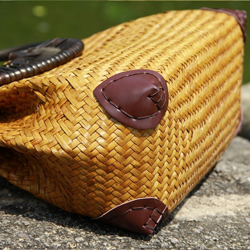 Handwoven Rattan Straw Bag - Natural Woven Handbag with Wooden Handle