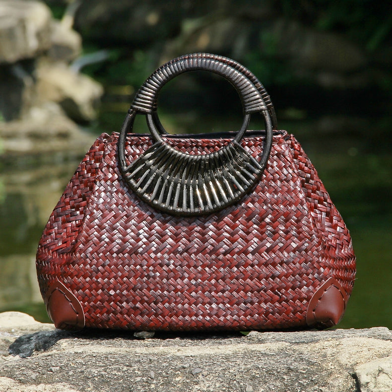 Handwoven Rattan Straw Bag - Natural Woven Handbag with Wooden Handle