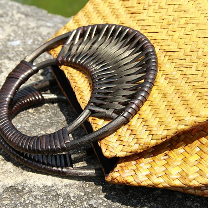 Handwoven Rattan Straw Bag - Natural Woven Handbag with Wooden Handle