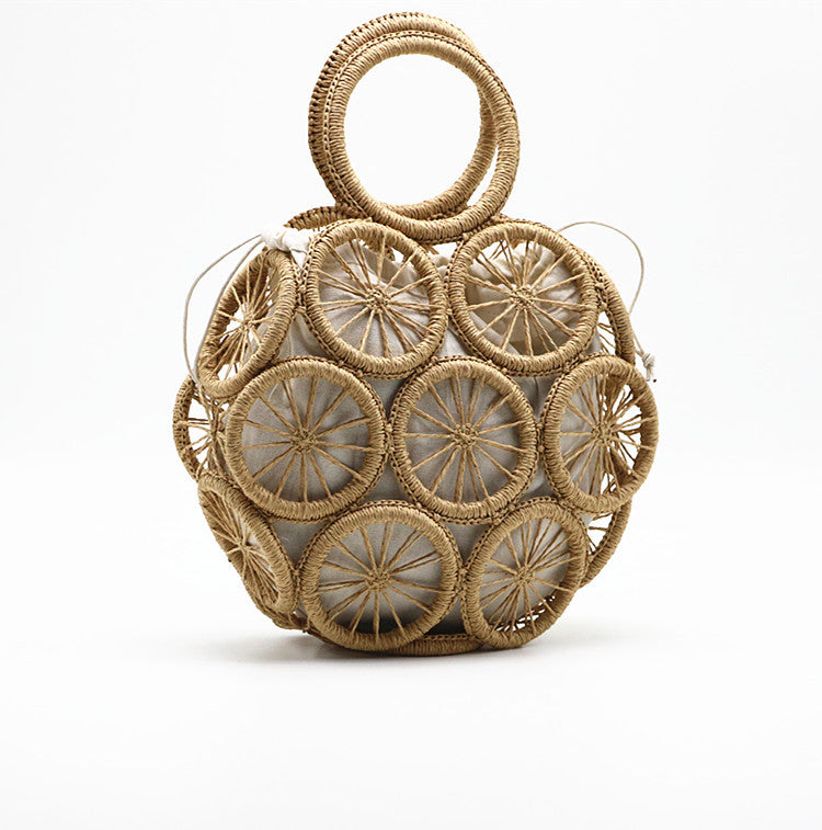 Round Woven Basket Bag - Handwoven Handbag