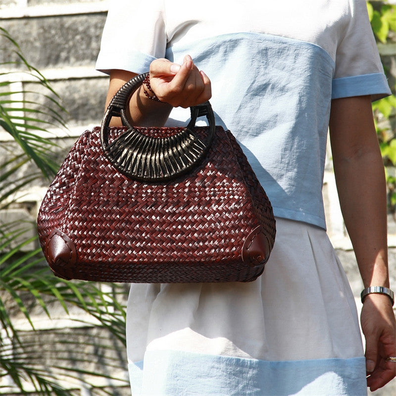 Handwoven Rattan Straw Bag - Natural Woven Handbag with Wooden Handle