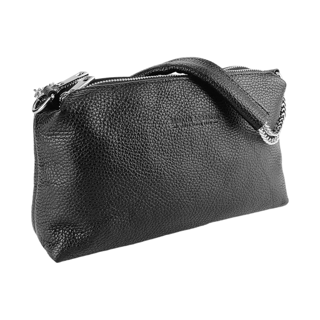 RB1025A | Women's Hand Bag with double zipper in Genuine Leather Made in Italy. Adjustable leather shoulder strap. Shiny Nickel hardware - Black color - Dimensions: cm 26 x 14 x 9-1