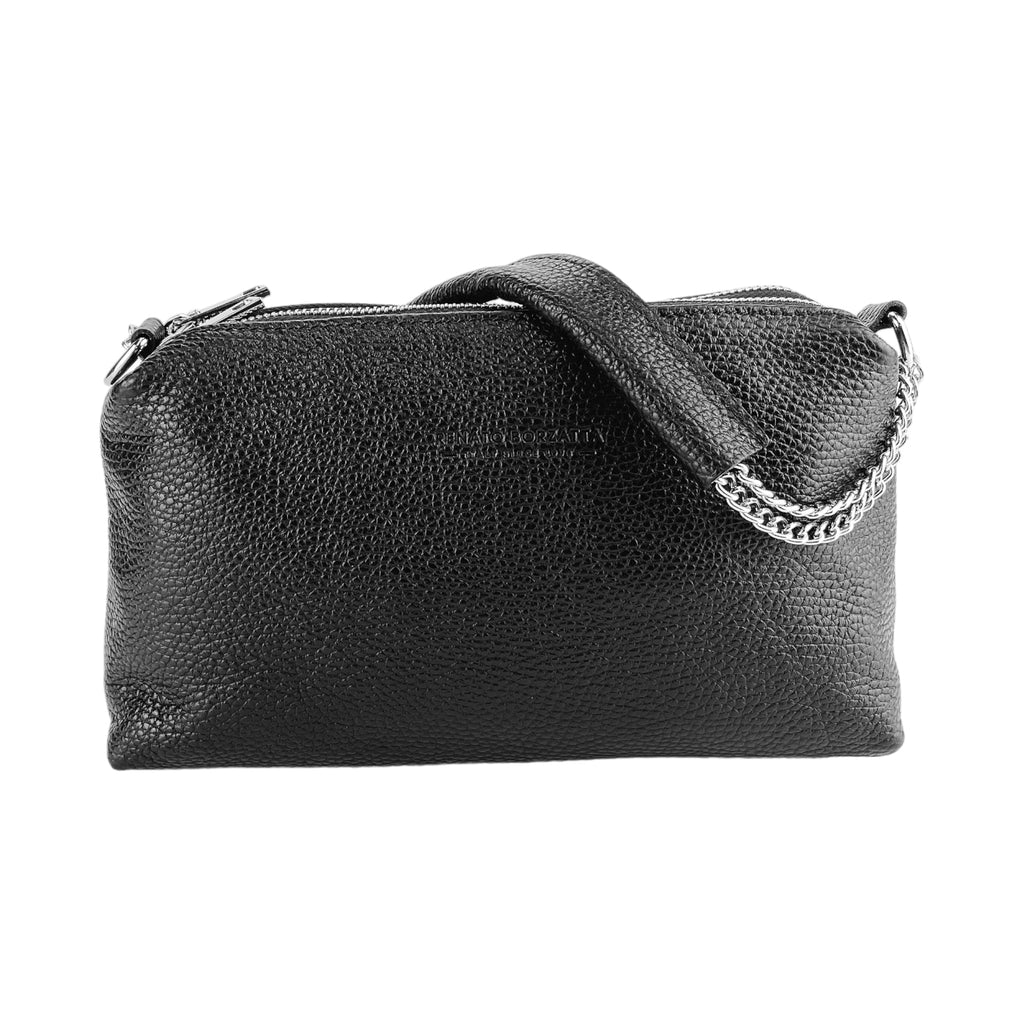 RB1025A | Women's Hand Bag with double zipper in Genuine Leather Made in Italy. Adjustable leather shoulder strap. Shiny Nickel hardware - Black color - Dimensions: cm 26 x 14 x 9-2