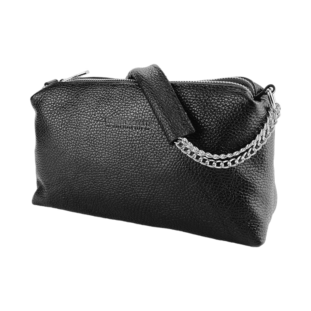 RB1025A | Women's Hand Bag with double zipper in Genuine Leather Made in Italy. Adjustable leather shoulder strap. Shiny Nickel hardware - Black color - Dimensions: cm 26 x 14 x 9-3