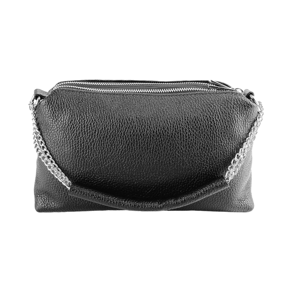 RB1025A | Women's Hand Bag with double zipper in Genuine Leather Made in Italy. Adjustable leather shoulder strap. Shiny Nickel hardware - Black color - Dimensions: cm 26 x 14 x 9-4
