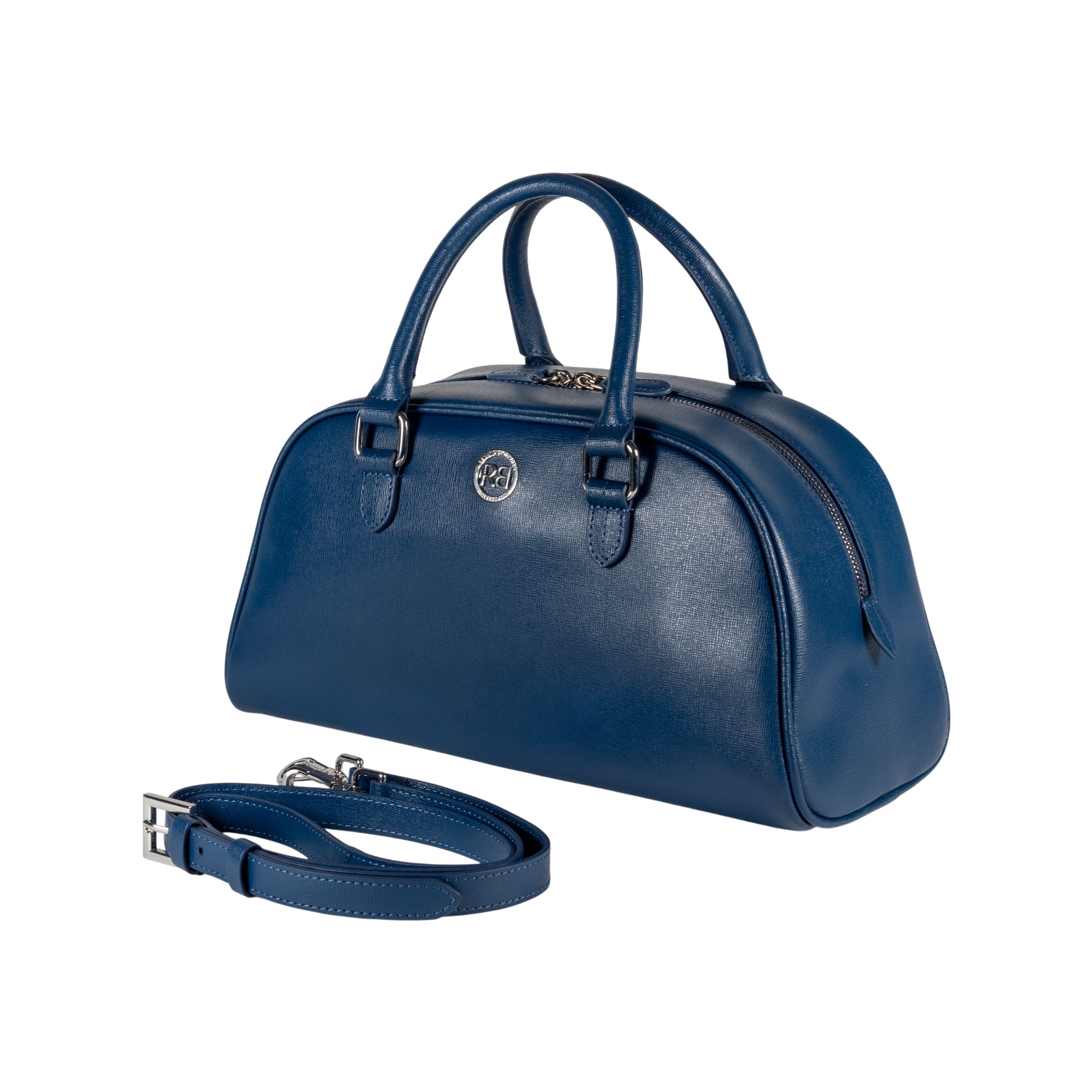 RB1034D | VIRGINIA Women's Bowling Bag in Genuine Saffiano Leather Made in Italy. Polished Silver Metal Hardware. Color: Blue. Dimensions: 35 x 19 x 14.5 + 12 cm (handle drop).