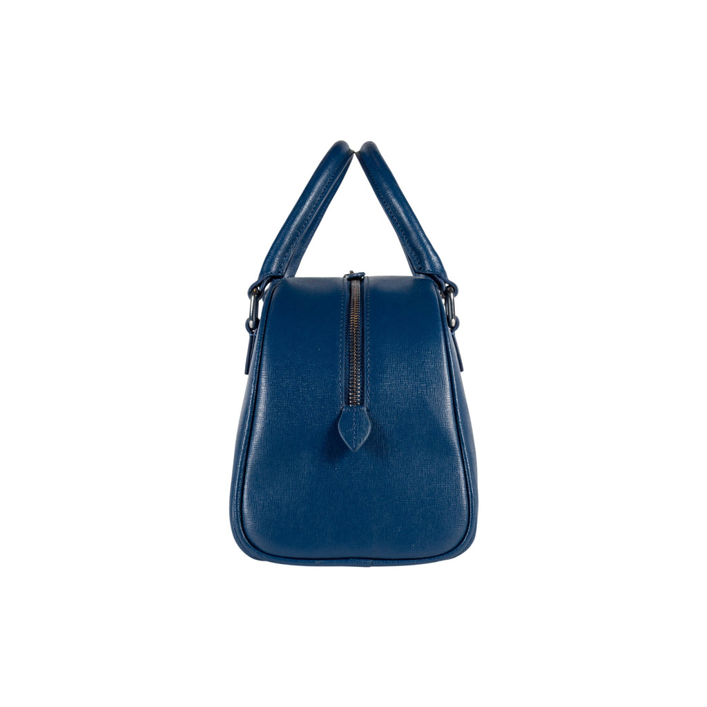 RB1034D | VIRGINIA Women's Bowling Bag in Genuine Saffiano Leather Made in Italy. Polished Silver Metal Hardware. Color: Blue. Dimensions: 35 x 19 x 14.5 + 12 cm (handle drop).
