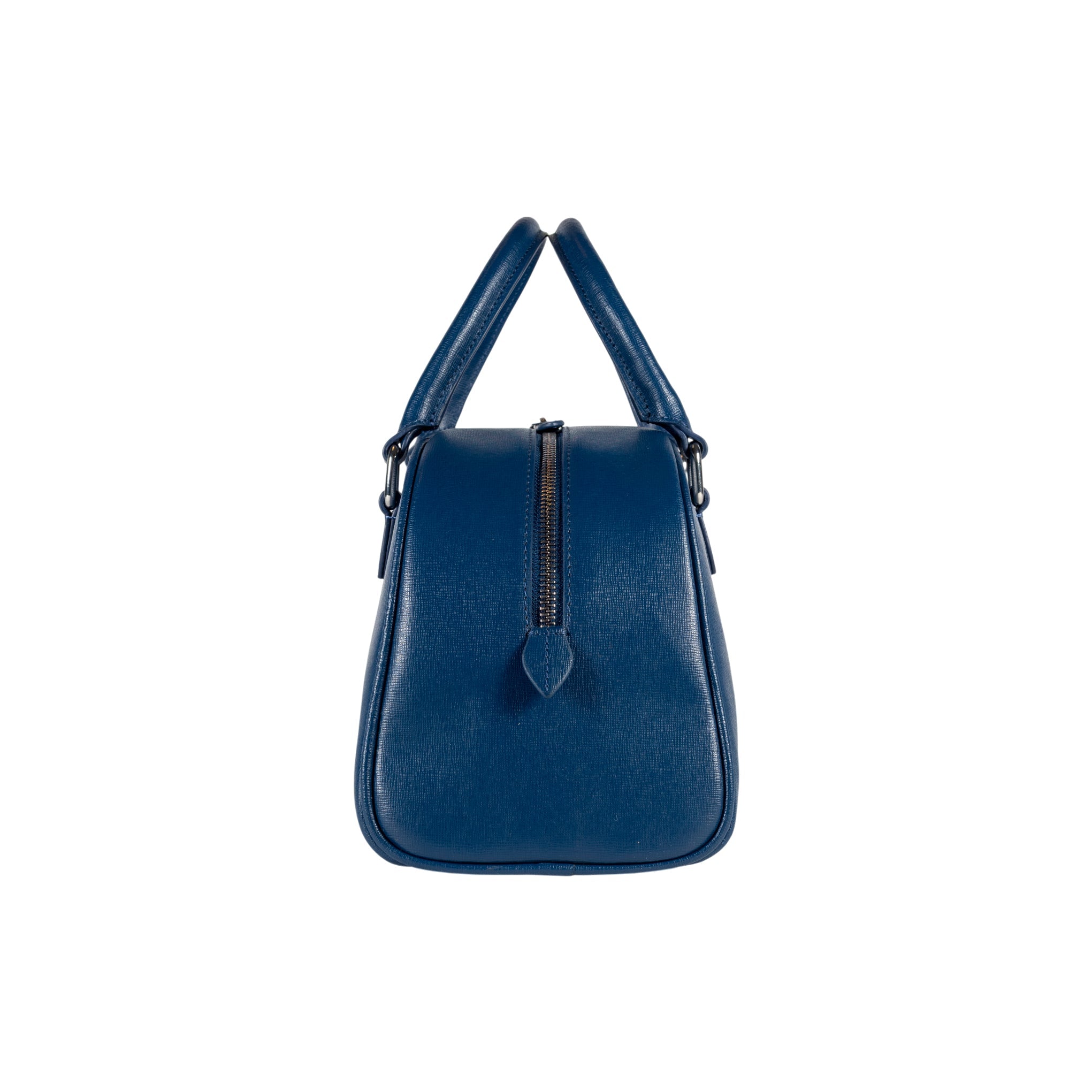 RB1034D | VIRGINIA Women's Bowling Bag in Genuine Saffiano Leather Made in Italy. Polished Silver Metal Hardware. Color: Blue. Dimensions: 35 x 19 x 14.5 + 12 cm (handle drop).
