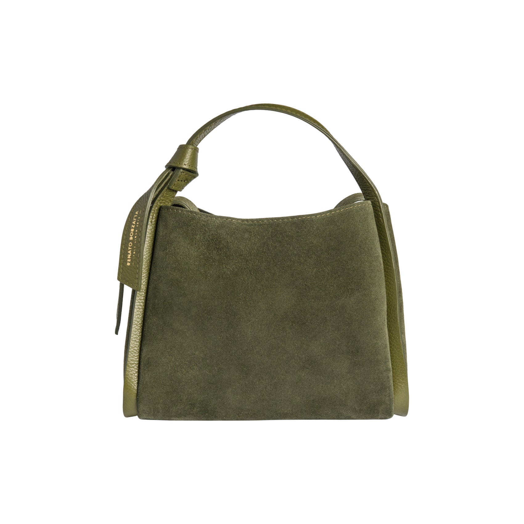 RB1035CR | ALICE Women's Handbag in Genuine Suede, Made in Italy. Polished Gold Metal Hardware. Forest Color. Dimensions: 26 x 20 x 15 + 12 cm (Handle Drop)
