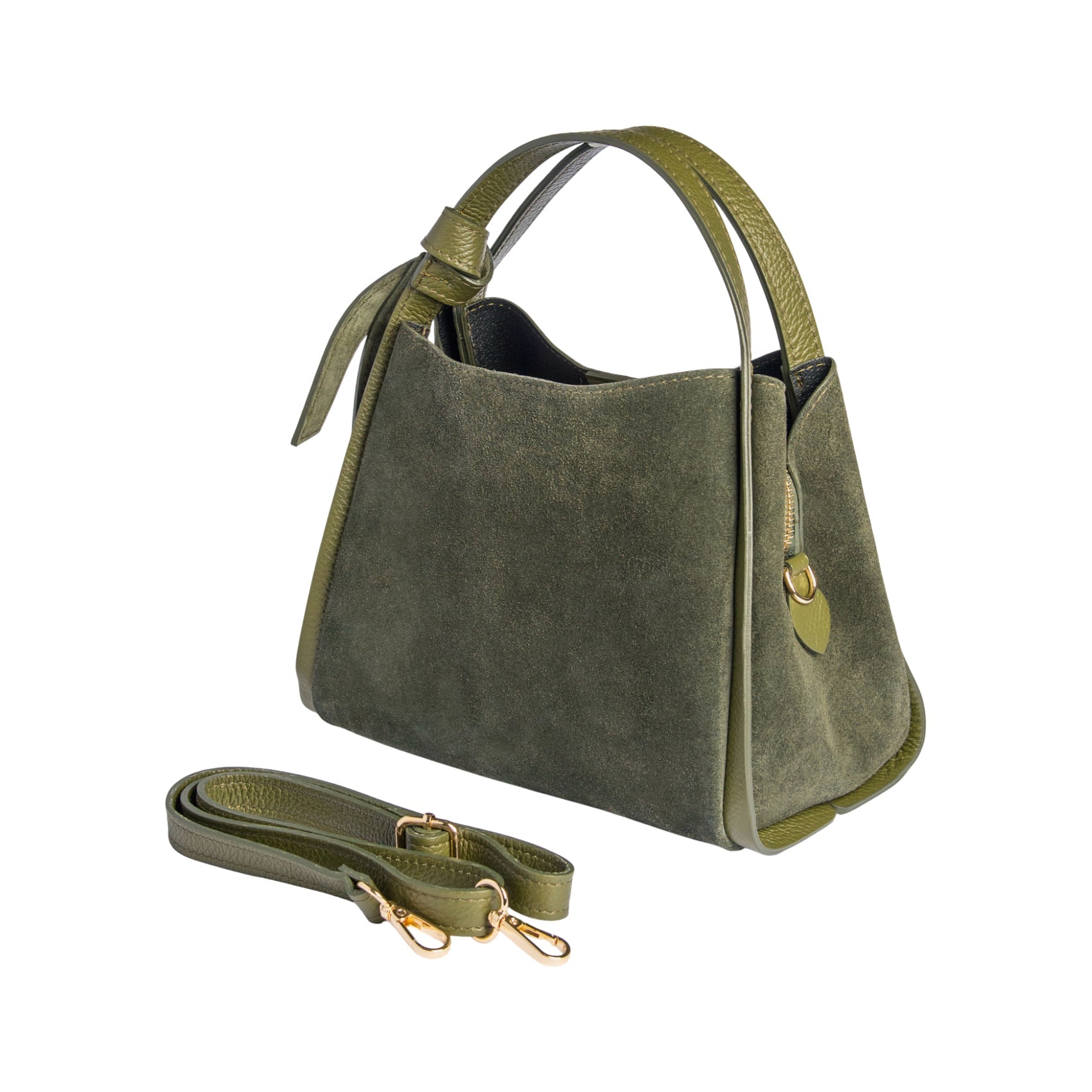 RB1035CR | ALICE Women's Handbag in Genuine Suede, Made in Italy. Polished Gold Metal Hardware. Forest Color. Dimensions: 26 x 20 x 15 + 12 cm (Handle Drop)