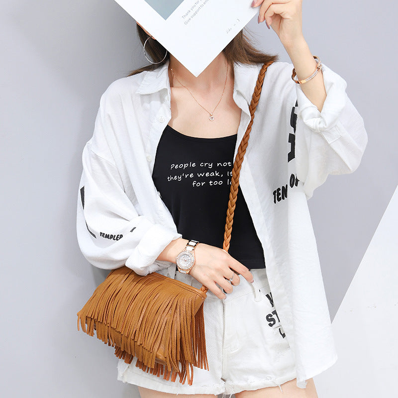 Woven Tassel Crossbody Bag - PU Leather Bag for Women