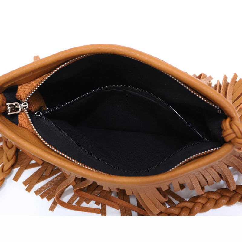 Woven Tassel Crossbody Bag - PU Leather Bag for Women