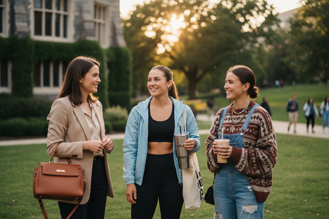 OK LET THEM BE TALKING TO EACHOTHER AND LAUGHING MODERATELYINSTEAD OF POSING TO THE CAMERA. CLOSE UP TO KNEES AND ABOVE, SUN BEHIND THE CAMERA NOT IN FRONT, ADD A BUILDING IN THE DISTANCE BEHIIND THE GIRLS.